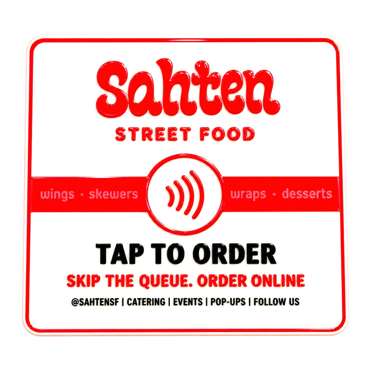 A gloss white custom plate printed for a street food stall