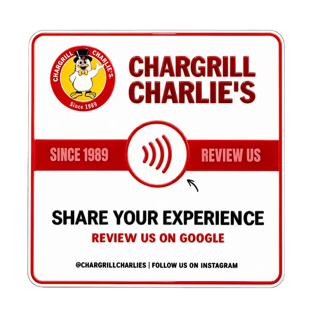 A red custom plate for a chicken shop asking guests to share their experience