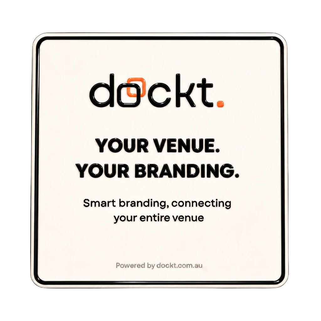 A Dockt plate printed with the Dockt logo and the line "Your venue. Your branding."