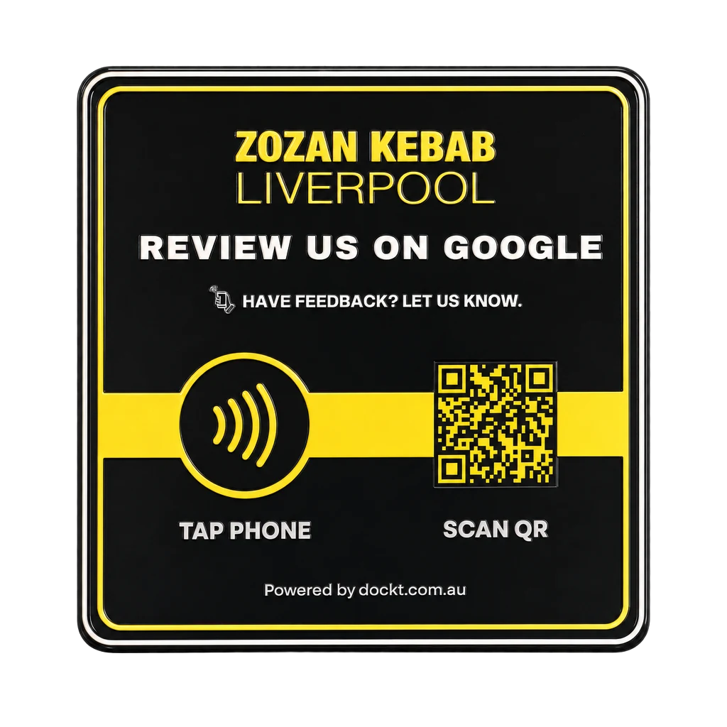 A black and yellow custom plate asking guests to review on Google
