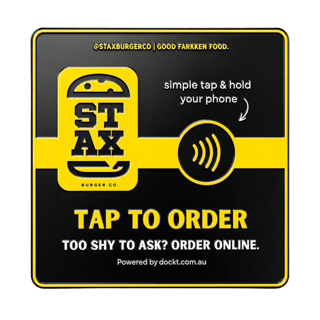 A black and yellow custom plate for a burger shop reading tap to order
