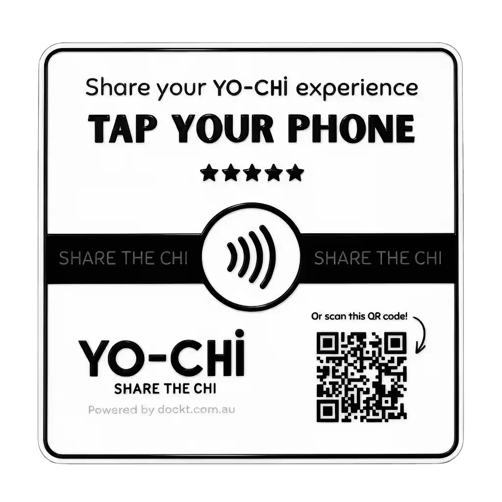 A black and white custom plate asking guests to share their experience