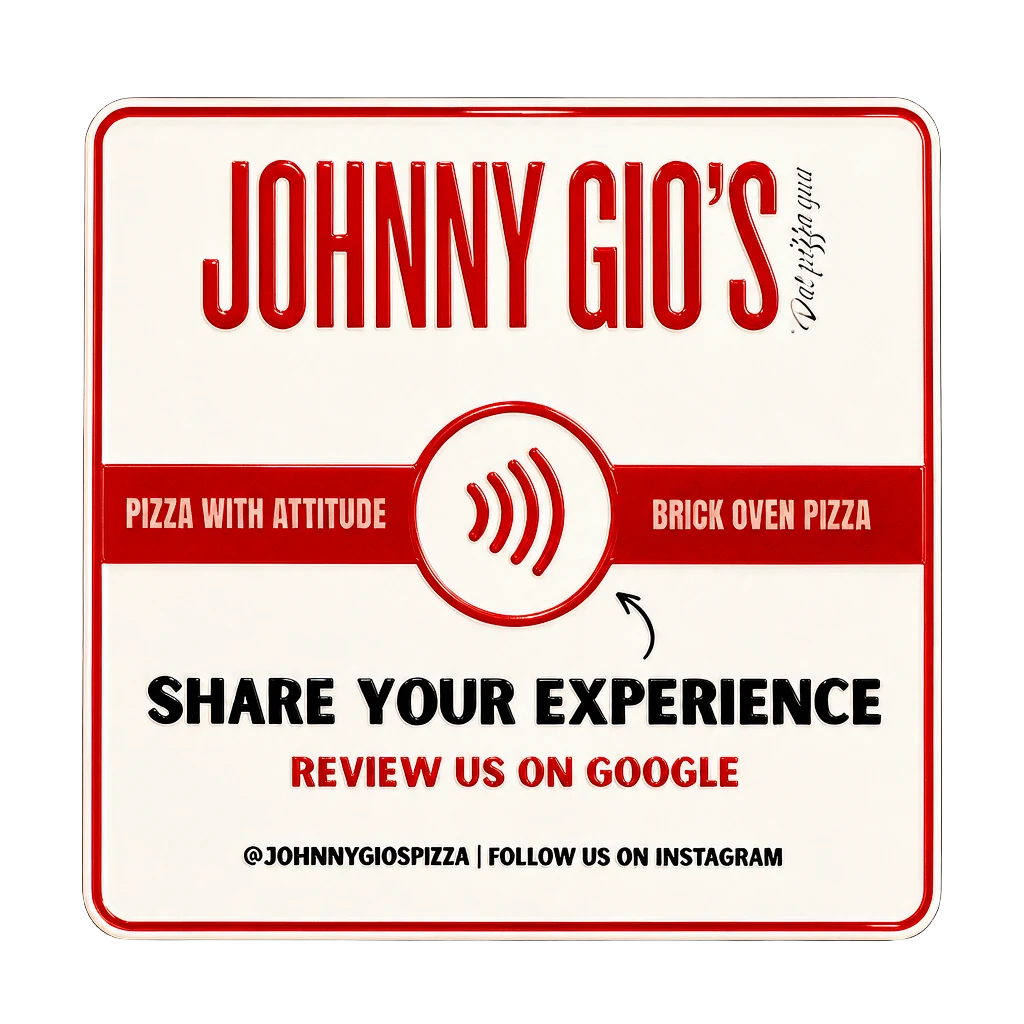 A red custom plate for a pizza shop asking guests to review on Google