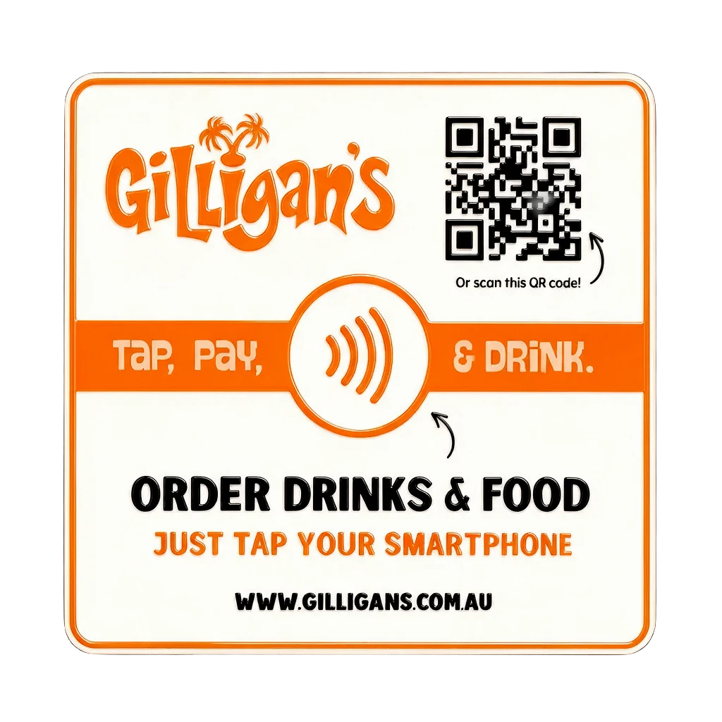 An orange custom plate reading tap, pay and drink