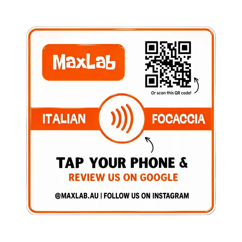 An orange custom plate for a focaccia bar asking guests to review on Google