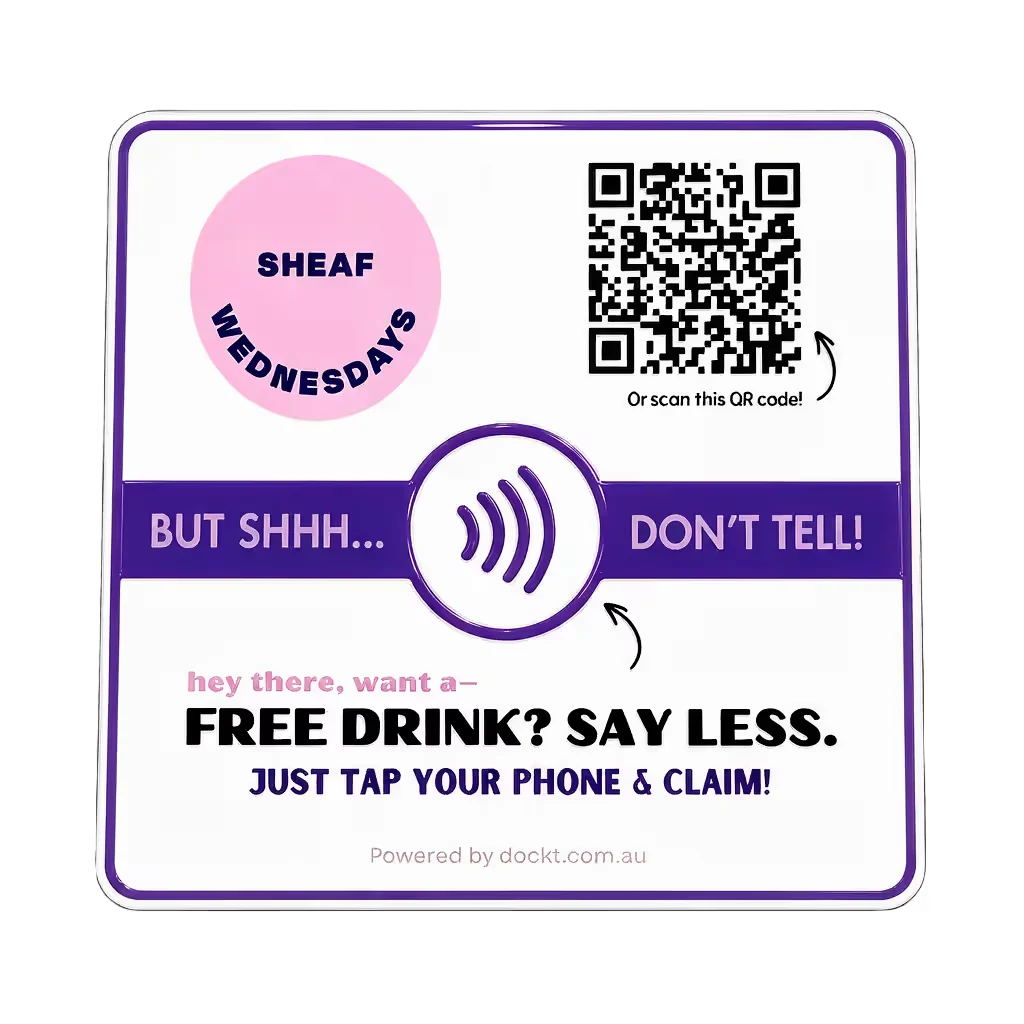 A purple custom plate offering a free drink on tap