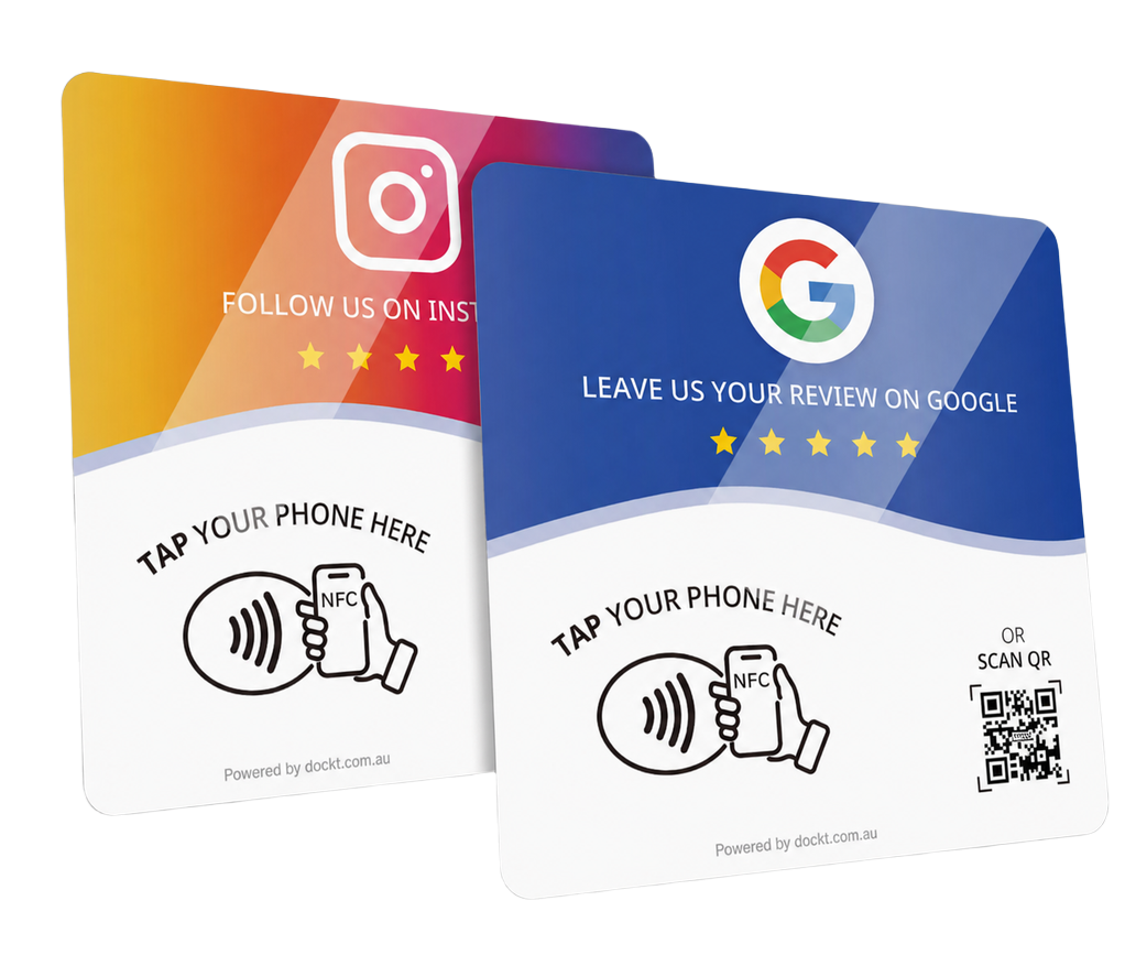 A Dockt Google review plate beside an Instagram plate